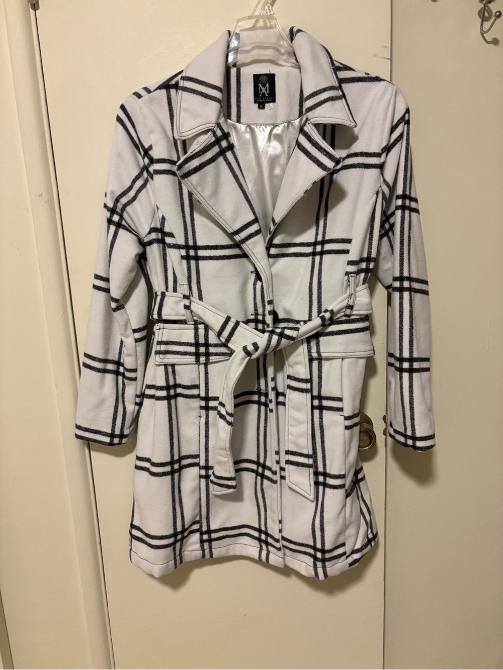 Miss Ashley Plaid Windowpane Grid Trench Coat Jacket Belted XL